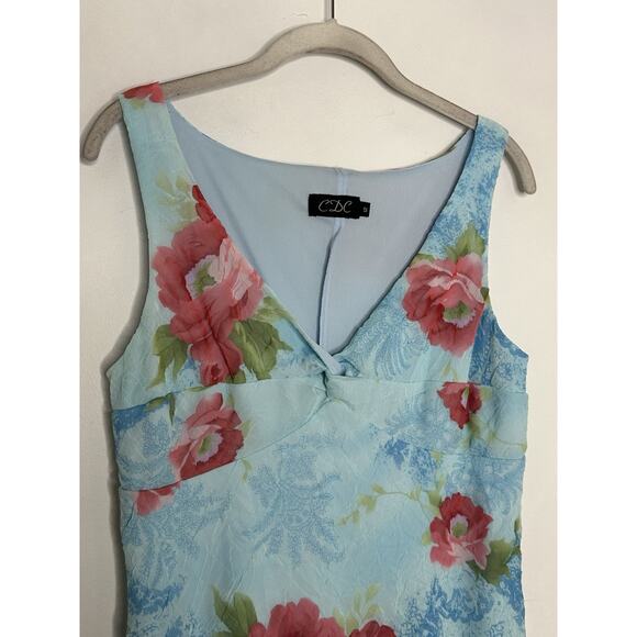 Vtg Y2k CDC Baby Blue Floral Chiffon Romantic V Neck High Low Dress Sz 12 - Picture 4 of 6